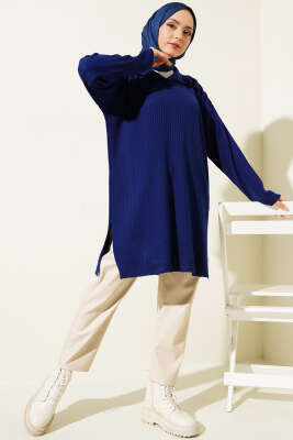 Gömlek Yaka Fitilli Triko Tunik Lacivert - Triko Tunik