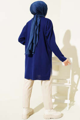 Gömlek Yaka Fitilli Triko Tunik Lacivert - Triko Tunik