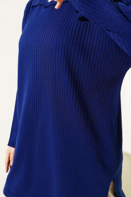 Gömlek Yaka Fitilli Triko Tunik Lacivert - Triko Tunik