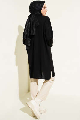 Gömlek Yaka Fitilli Triko Tunik Siyah - Triko Tunik