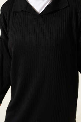 Gömlek Yaka Fitilli Triko Tunik Siyah - Triko Tunik