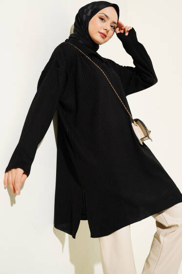 Gömlek Yaka Fitilli Triko Tunik Siyah - Tunik