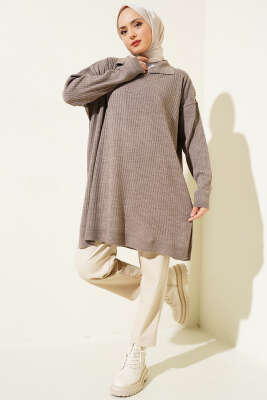 Gömlek Yaka Fitilli Triko Tunik Vizon - Triko Tunik