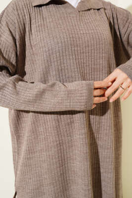 Gömlek Yaka Fitilli Triko Tunik Vizon - Triko Tunik