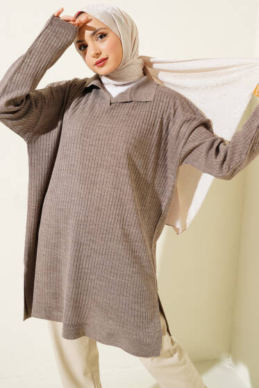 Gömlek Yaka Fitilli Triko Tunik Vizon - Tunik
