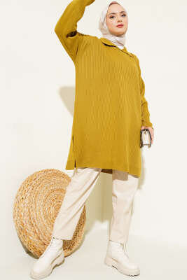 Gömlek Yaka Fitilli Triko Tunik Yağ Yeşili - Triko Tunik