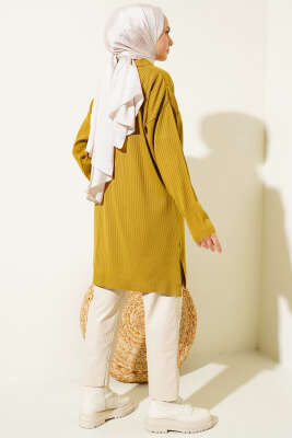 Gömlek Yaka Fitilli Triko Tunik Yağ Yeşili - Triko Tunik