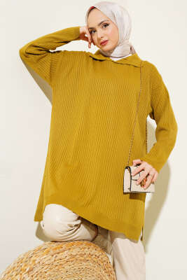 Gömlek Yaka Fitilli Triko Tunik Yağ Yeşili 