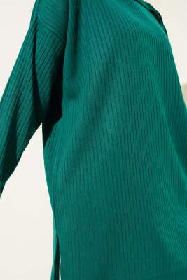 Gömlek Yaka Fitilli Triko Tunik Zümrüt - Triko Tunik