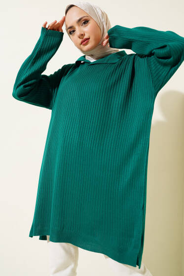 Gömlek Yaka Fitilli Triko Tunik Zümrüt - Tunik
