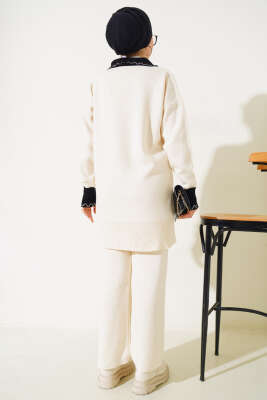 Gömlek Yaka Fiyonklu Triko İkili Takım Bej - Triko İkili Takım