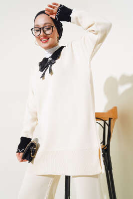 Gömlek Yaka Fiyonklu Triko İkili Takım Bej - Triko İkili Takım