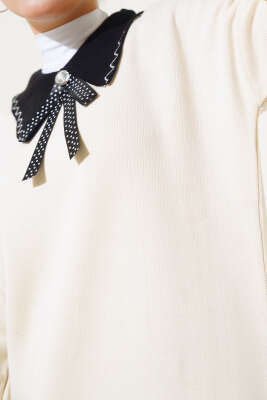 Gömlek Yaka Fiyonklu Triko İkili Takım Bej - Triko İkili Takım