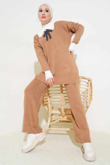 Gömlek Yaka Fiyonklu Triko İkili Takım Bisküvi - Triko