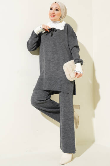 Gömlek Yaka Fiyonklu Triko İkili Takım Füme - İkili Takım