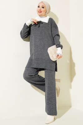 Gömlek Yaka Fiyonklu Triko İkili Takım Füme 