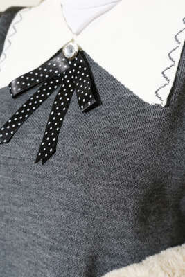 Gömlek Yaka Fiyonklu Triko İkili Takım Füme - Triko İkili Takım