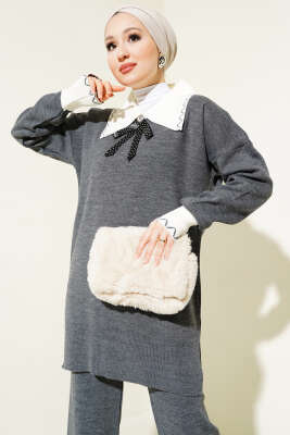 Gömlek Yaka Fiyonklu Triko İkili Takım Füme - Triko İkili Takım