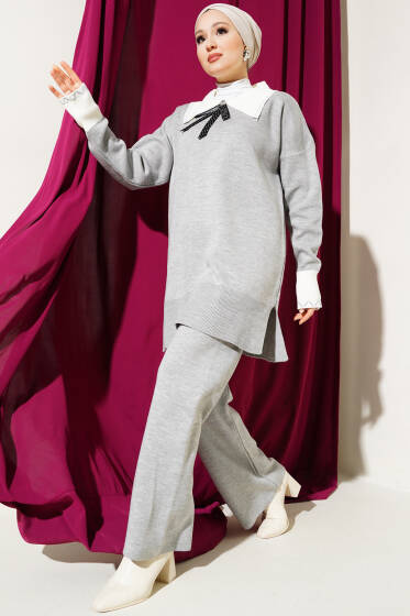 Gömlek Yaka Fiyonklu Triko İkili Takım Gri - İkili Takım