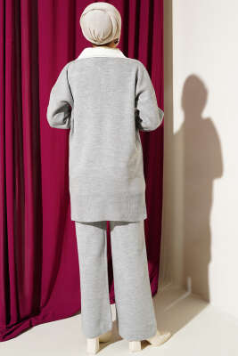 Gömlek Yaka Fiyonklu Triko İkili Takım Gri - Triko İkili Takım