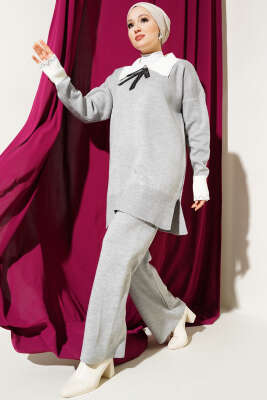 Gömlek Yaka Fiyonklu Triko İkili Takım Gri 