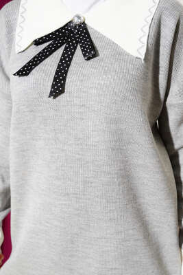 Gömlek Yaka Fiyonklu Triko İkili Takım Gri - Triko İkili Takım