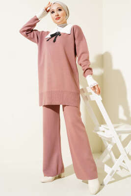 Gömlek Yaka Fiyonklu Triko İkili Takım Gül Kurusu 