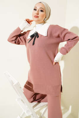 Gömlek Yaka Fiyonklu Triko İkili Takım Gül Kurusu - Triko İkili Takım