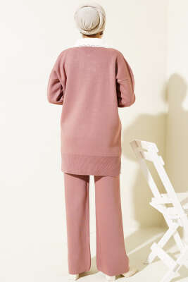 Gömlek Yaka Fiyonklu Triko İkili Takım Gül Kurusu - Triko İkili Takım