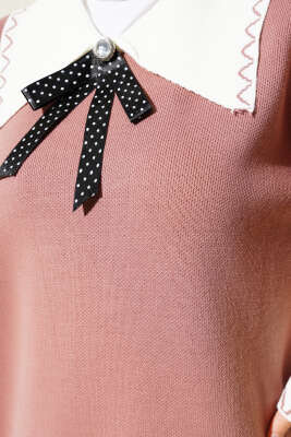 Gömlek Yaka Fiyonklu Triko İkili Takım Gül Kurusu - Triko İkili Takım