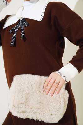 Gömlek Yaka Fiyonklu Triko İkili Takım Kahve - Triko İkili Takım