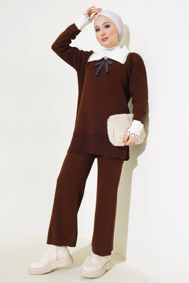 Gömlek Yaka Fiyonklu Triko İkili Takım Kahve - Triko