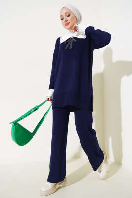 Gömlek Yaka Fiyonklu Triko İkili Takım Lacivert 
