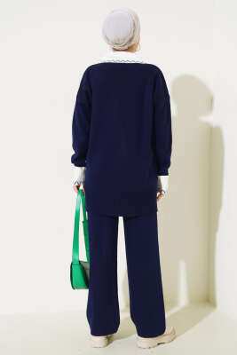 Gömlek Yaka Fiyonklu Triko İkili Takım Lacivert - Triko İkili Takım