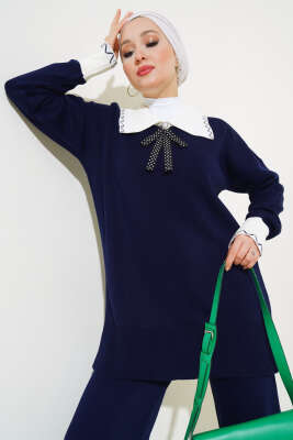 Gömlek Yaka Fiyonklu Triko İkili Takım Lacivert - Triko İkili Takım