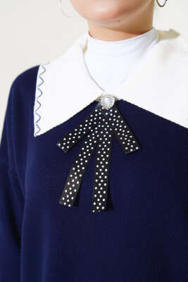 Gömlek Yaka Fiyonklu Triko İkili Takım Lacivert - Triko İkili Takım