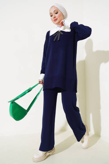 Gömlek Yaka Fiyonklu Triko İkili Takım Lacivert - Triko