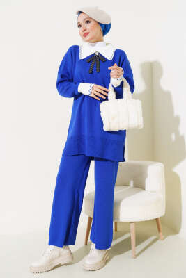 Gömlek Yaka Fiyonklu Triko İkili Takım Saks - Triko İkili Takım