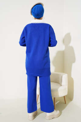 Gömlek Yaka Fiyonklu Triko İkili Takım Saks - Triko İkili Takım