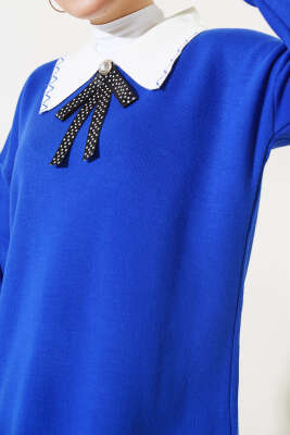 Gömlek Yaka Fiyonklu Triko İkili Takım Saks - Triko İkili Takım