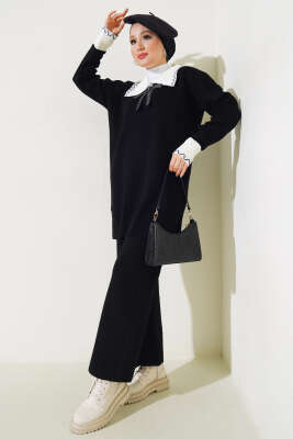 Gömlek Yaka Fiyonklu Triko İkili Takım Siyah