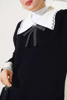 Gömlek Yaka Fiyonklu Triko İkili Takım Siyah - Triko İkili Takım