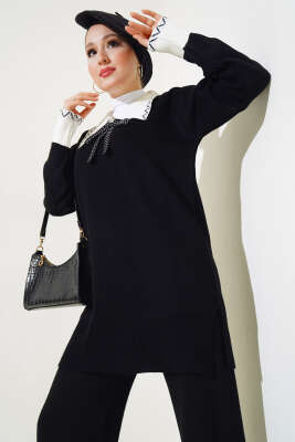 Gömlek Yaka Fiyonklu Triko İkili Takım Siyah - Triko İkili Takım