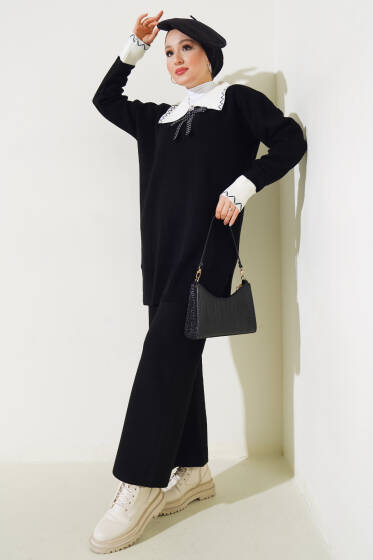 Gömlek Yaka Fiyonklu Triko İkili Takım Siyah - Triko