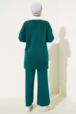Gömlek Yaka Fiyonklu Triko İkili Takım Zümrüt - Triko İkili Takım