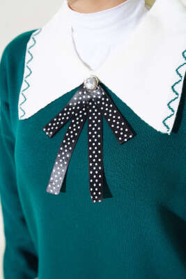 Gömlek Yaka Fiyonklu Triko İkili Takım Zümrüt - Triko İkili Takım