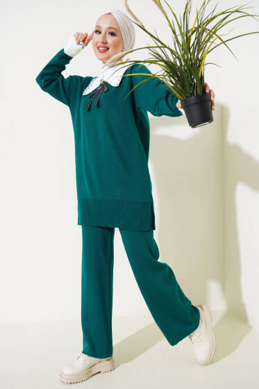 Gömlek Yaka Fiyonklu Triko İkili Takım Zümrüt - Triko