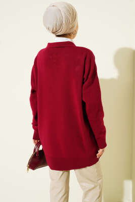 Gömlek Yaka Fularlı Triko Tunik Bordo - Tunik