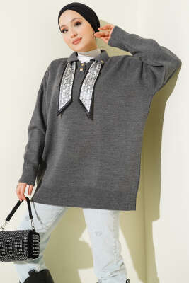 Gömlek Yaka Fularlı Triko Tunik Füme - RAFİMİX