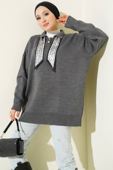 Gömlek Yaka Fularlı Triko Tunik Füme - Tunik